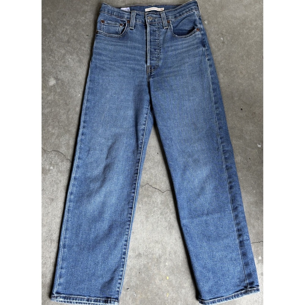 Levi's Womens Ribcage Straight Ankle Jeans Blue Denim Whisker Pocket Comfort 25
